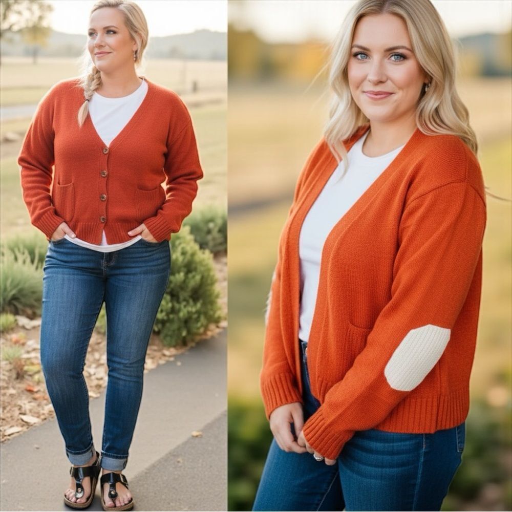 Orange/Red Long Sleeve V Neck Button Down Cardigan 2XL/3XL NWT - Heimish - Picture 2 of 15